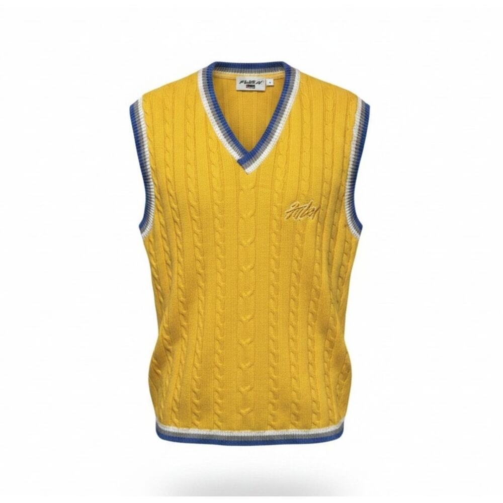 FUBU Cable Knit Sweater Vest Yellow Preppy Streetwear Retro - Picture 1 of 6